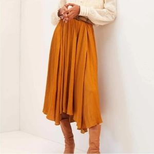 Anthropologie Mustard Satin Pleated Midi Skirt